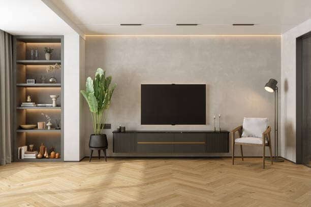 Modern living room home entertainment setup featuring a wall-mounted Smart TV screen